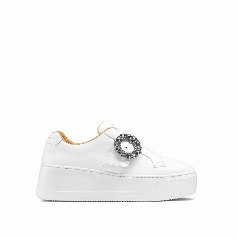 Russell & Bromley Park Gem Womens Buckle Flatform Sneakers White |GRW9478JB|